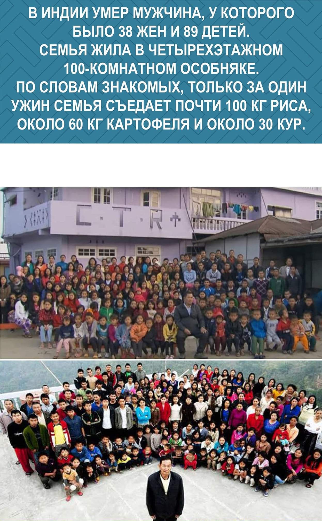 В ИНДИИ УМЕР МУЖЧИНА У КОТОРОГО БЫЛО 38 ЖЕН И 89 ДЕТЕЙ СЕМЬЯ ЖИЛА В ЧЕТЫРЕХЭТАЖНОМ 100 КОМНАТНОМ ОСОБНЯКЕ ПО СЛОВАМ 3НАКОМЫХ ТОЛЬКО ЗА ОДИН УЖИН СЕМЬЯ СЪЕДАЕТ ПОЧТИ 100 КГ РИСА ОКОЛО 60 КГ КАРТОФЕЛЯ И ОКОЛО 30 КУР