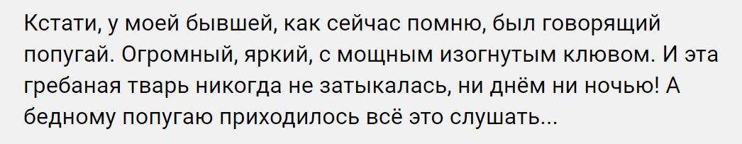 Кстати у моей бывшей как сейчас помню был говорящий попугай Огромный яркий с мощным изогнутым клювом И эта гребаная тварь никогда не затыкапась ни днём ни ночью А бедному попугаю приходилось всё это слушать