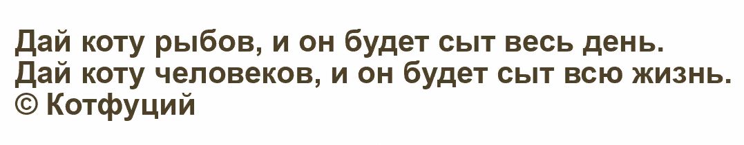 Дай коту рыбов и он будет сыт весь день Дай коту человеков и он будет сыт всю жизнь Котфуций