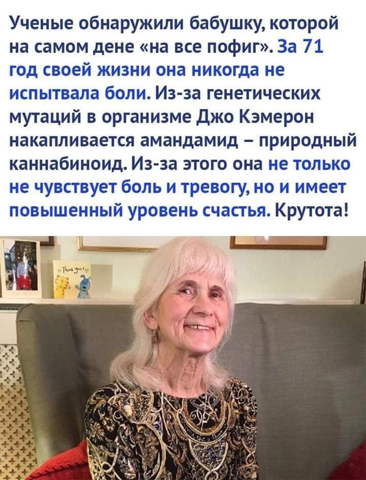 Ученые обнаружили бабушку которой на самом дене на все пофиг За 71 год своей жизни она никогда не испытвала боли Из за генетических мутаций в организме Джо Кэмерон накапливается амандамид природный каннабиноид Из за этого она не только не чувствует боль и тревогу но и имеет повышенный уровень счастья Крутота