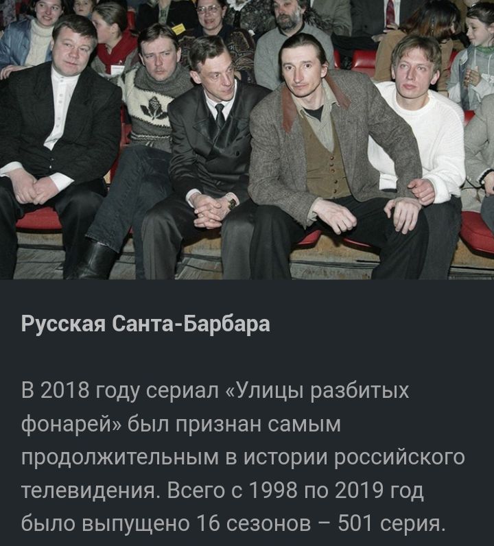 Русская Санта Барбара В 2018 году сериал Улицы разбитых фонарей был признан самым продолжительным в истории российского телевидения Всего с 1998 по 2019 год было выпущено 16 сезонов 501 серия