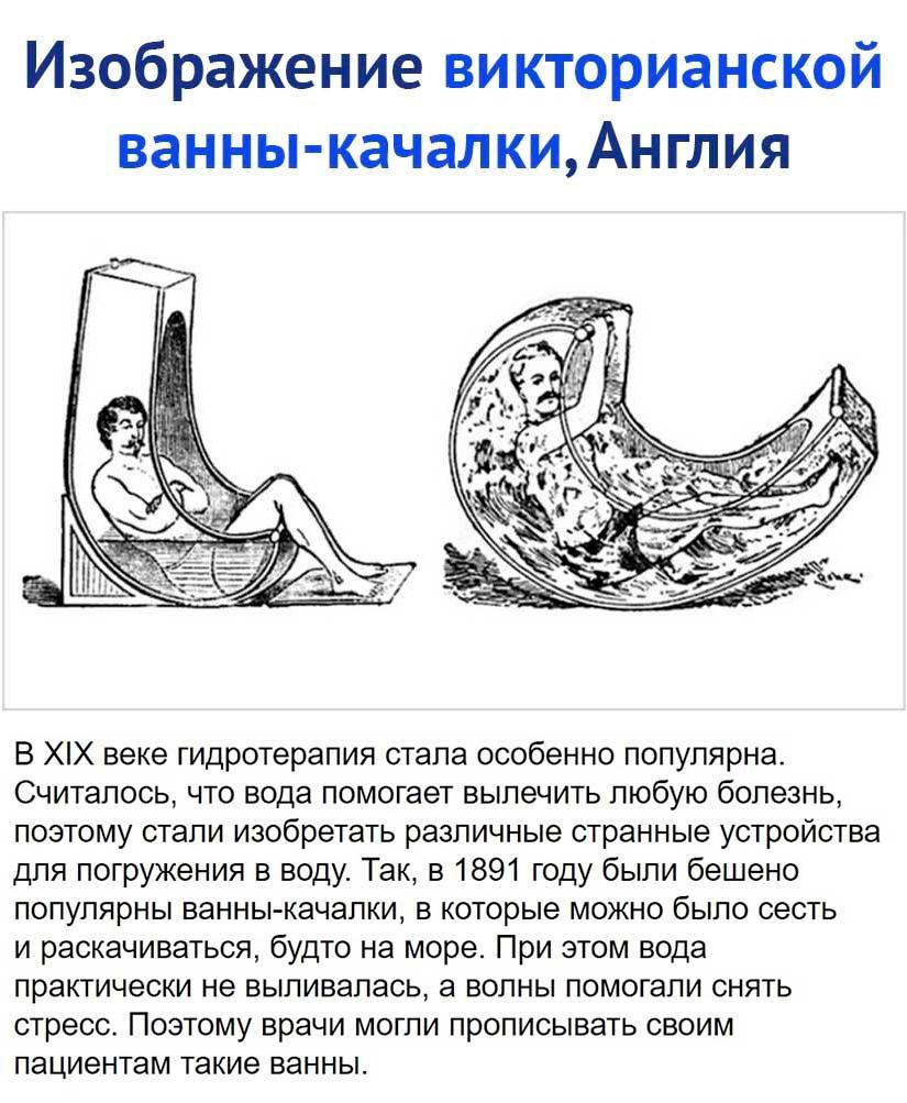Изображение викторианской ванны качалкиАнглия В ХХ веке гидротерапия стала особенно популярна Считалось что вода помогает вылечить любую болезнь поэтому стали изобретать различные странные устройства для погружения в воду Так в 1891 году были бешено популярны ванны качалки в которые можно было сесть и раскачиваться будто на море При этом вода практически не выливапась а волны помогали снять стресс