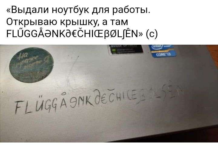 «выдали ноутбук для работы. Открываю крышку, а там, россаэмкдеснкевоцём» с