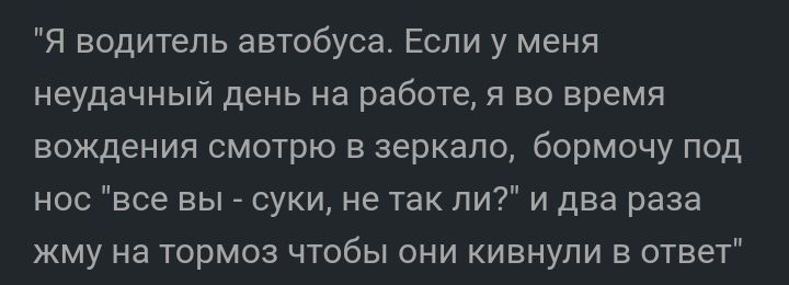 Я водитель автобуса Если у меня неудачный день на работе я во время вождения смотрю в зеркало бормочу под нос все вы суки не так ли и два раза жму на тормоз чтобы они кивнули в ответ
