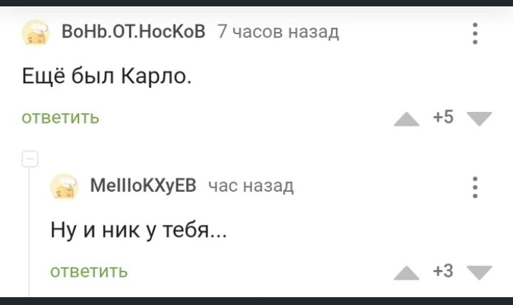 _ ВоНЬ_0ТНосКоВ 7 часов назад Ещё был Карло ответить 5 _ МеоКХуЕВ час назад Ну и ник у тебя ответить 3