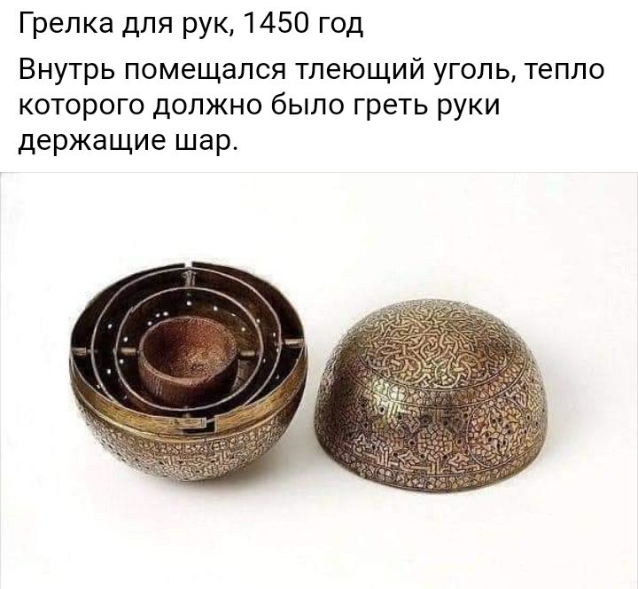 Грелка для рук 1450 год Внутрь помещался тлеющий уголь тепло которого должно было греть руки держащие шар