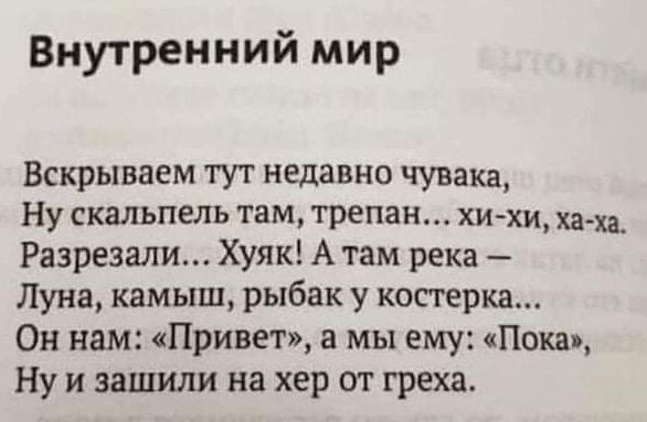 Внутренний мир Вскрываем тут недавнп чувака Ну скальпель там трепан ХИ Хи из Разрезали Хуяк А там река Луна камыш рыбак у костерка Он нам Привет а мы ему Пока Ну и зашили на хер от греха