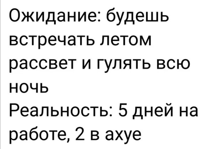 Ожидание будешь встречать летом рассвет и гулять всю ночь Реальность 5 дней на работе 2 в ахуе