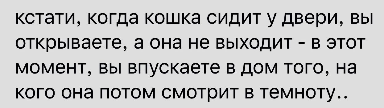 кстати когда кошка сидит у двери вы открываете а она не выходит в этот момент вы впускаете в дом того на КОГО ОНЭ ПОТОМ СМОТРИТ В ТЕМНОТУ