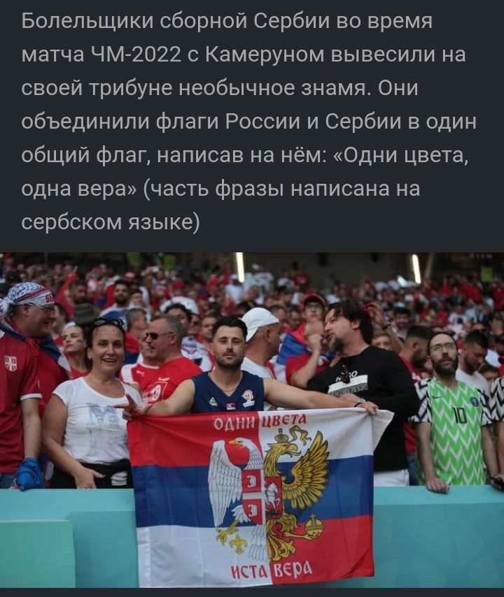 Болельщики сборной Сербии во время матча ЧМ 2022 Камеруном вывесили на своей трибуне необычное знамя Они объединили флаги России и Сербии в один общий флаг написав на нём Одни цвета одна вера часть фразы написана на сербском языке
