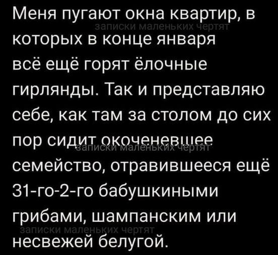 Меня пугают окна квартир в которых в конце января всё ещё горят ёлочные гирлянды Так и представляю себе как там за столом до сих пор сидит окоченевшее семейство отравившееся ещё 31го 2го бабушкиными грибами шампанским или несвежей белугой