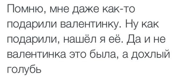 Помню мне даже как то подарили валентинку Ну как подарили нашёл я её Да и не валентинка это была а дохлый голубь
