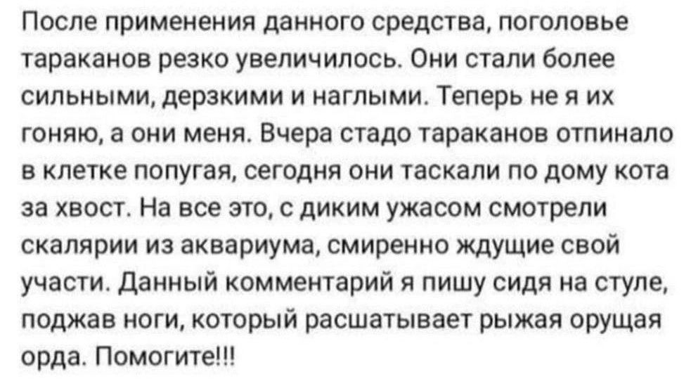 После применения данного средства поголовье тараканов резко увеличилось Они стали более сильными дерзкими и наглыми Теперь не я их гоняю а они меня Вчера стадо тараканов отнимала в клетке попугая сегодня они таскали по дому кота за хвост На все это с диким ужасом смотрели скалярии из аквариума смиренно ищущие свой участи Данный комментарий и пишу сидя на стуле поджав ноги который расшатывает рыжая