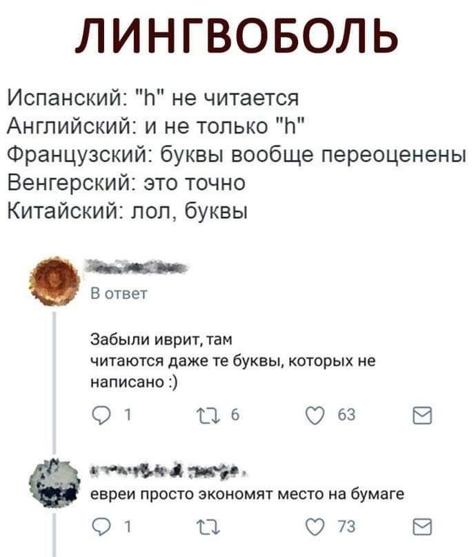 ЛИНГВОБОЛЬ Испански и не читается Английский и не только И Французский буквы вообще переоценены Венгерский это точно Китайский поп буквы в ответ Забыли иврит тан читаются даже 1е буквы торых не написано О 115 063 В на евреи просто экономик мшо на бумаге О 11 073 В