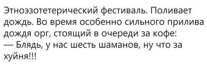 Этноззотетерический фестиваль Поливает дождь 80 время особенно сильного прилива дождя орг поящий в очереди за кофе _ Блядь у нас шесть шаманов ну что за хуйня