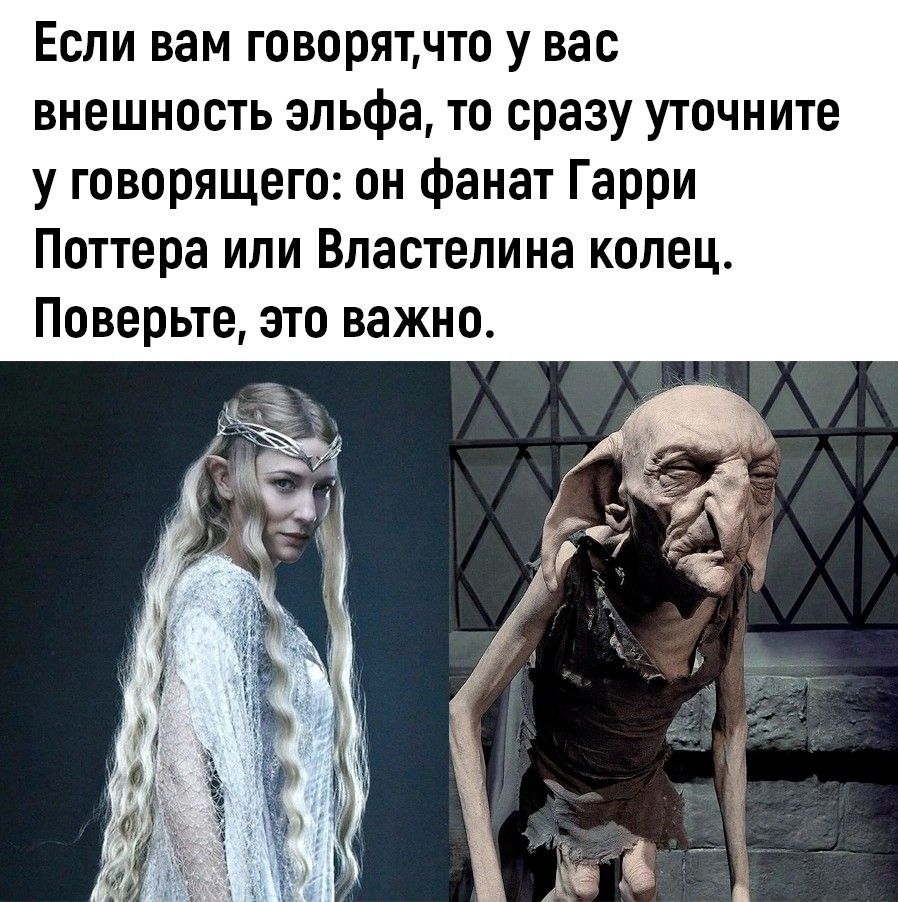 Если вам говорятчто у вас внешность эльфа то сразу уточните у говорящего он фанат Гарри Поттера или Властелина колец Поверьте это важно