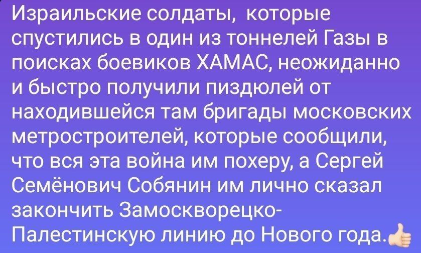 Израильские солдаты которые спустились в один из тоннелей Газы в поисках боевиков ХАМАС неожиданно и быстро получили пиздюпей от находившейся там бригады московских метростроителей которые сообщили что вся эта война им похеру а Сергей Семёнович Собянин им лично сказал закончить Замоскворецко Палестинскую пинию до Нового года