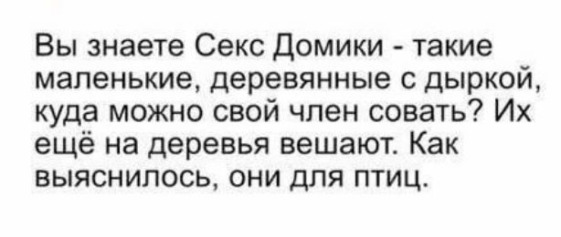 Вы знаете Секс Домики такие маленькие деревянные с дыркой куда можно свой член совать Их ещё на деревья вешают Как выяснилось они для птиц