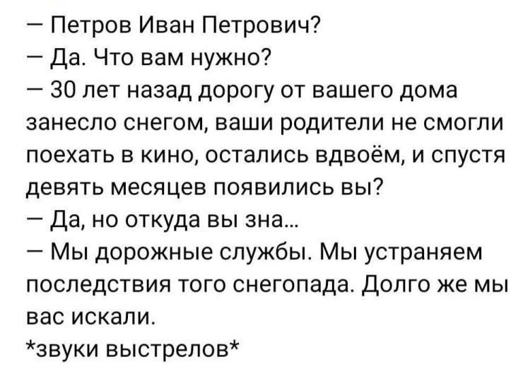 Петров Иван Петрович Да Что вам нужно 30 лет назад дорогу от вашего дома занесло снегом ваши родители не смогли поехать в кино остались вдвоём и спустя девять месяцев появились вы Да но откуда вы зна Мы дорожные службы Мы устраняем последствия того снегопада Долго же мы вас искали звуки выстрелов