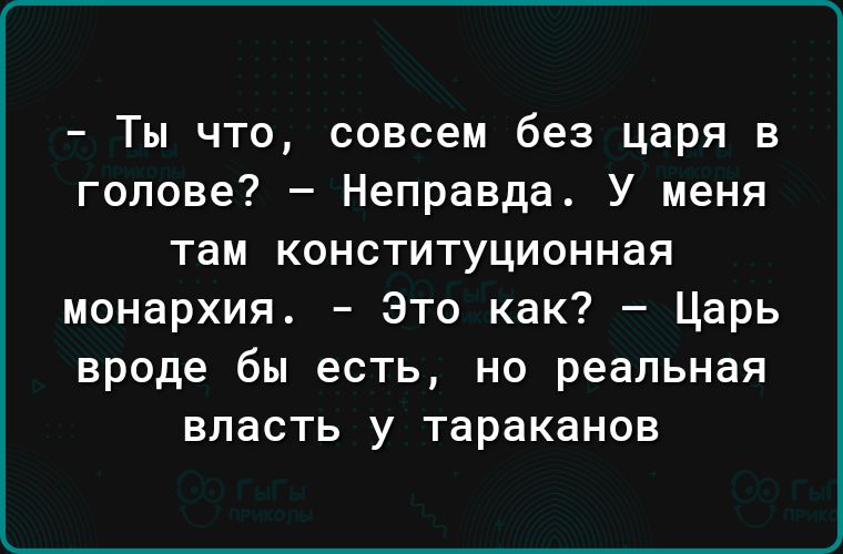 Ты что совсем без царя в голове Неправда У меня там конституционная монархия Это как Царь вроде бы есть но реальная власть у тараканов