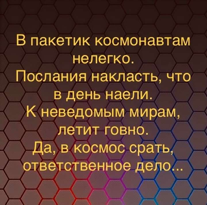 В пакетик космонавтам нелегко Послания накласть что в день наепи К неведомым мирам летит говно Да в космос срать ОТВЭТЁННОЭ дело