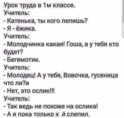 Урок труда в классе Учитель Катенька ты кого лепишь я ёжика Учитель Молодчинка какая Гоша а у тебя кто будет Бегемотик Учитель Молодец А у тебя Вовочка гусеница что ли7и Нет это ослик Учитель Так ведь не похоже на ослика А я пока только й слепил