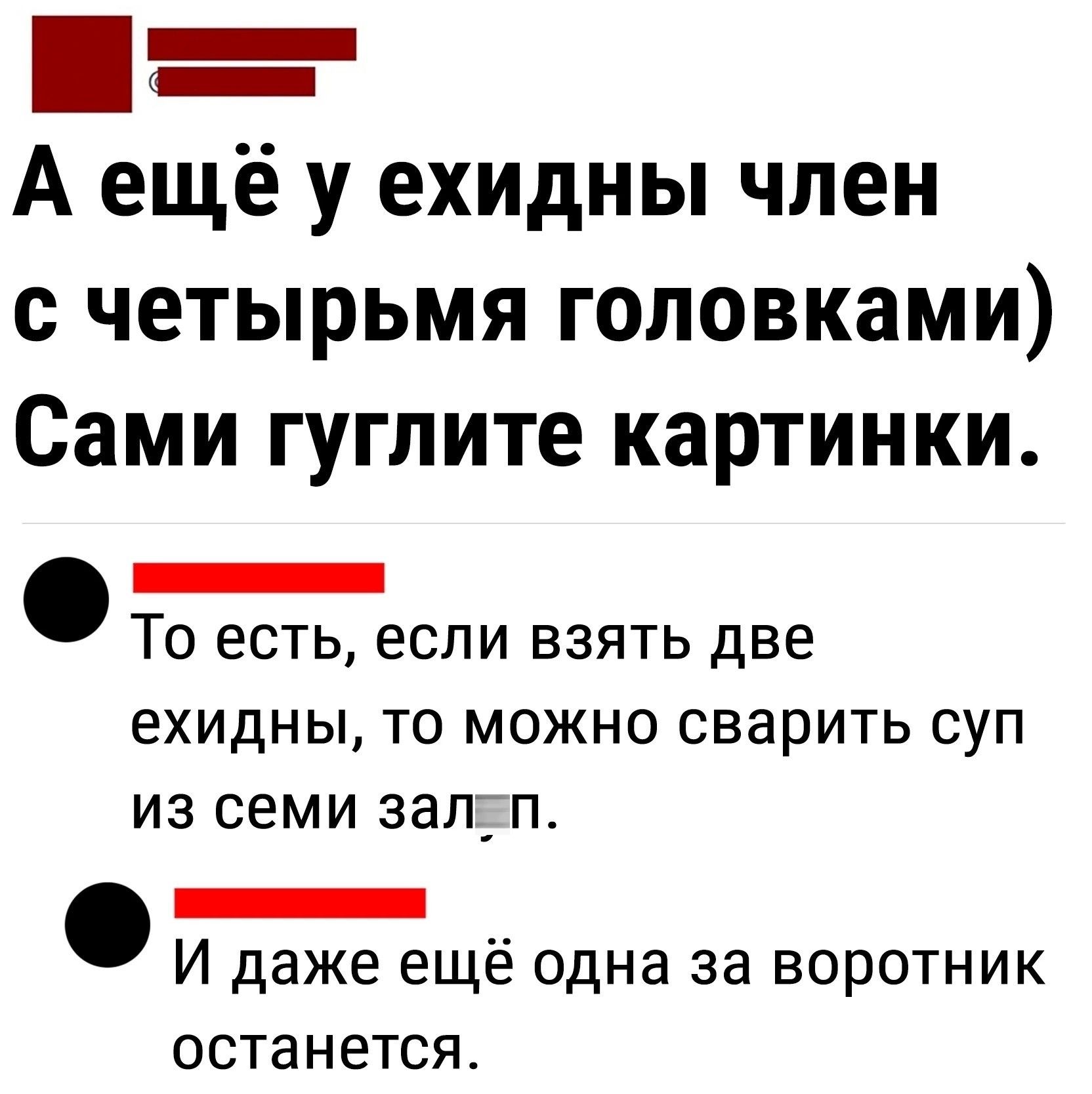 _ А ещё у ехидны член с четырьмя головками Сами гуглите картинки _ То есть если взять две ехидны то можно сварить суп из семи запіп _ __ И даже еще одна за воротник останется