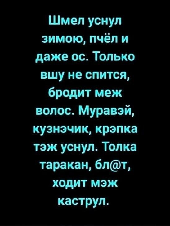 Шмеп уснул зимою пчёл и даже ос Только вшу не спится бродит меж волос Муравэй кузнэчик крэпка тэж уснул Топка таракан 6пт ходит мэж каструл