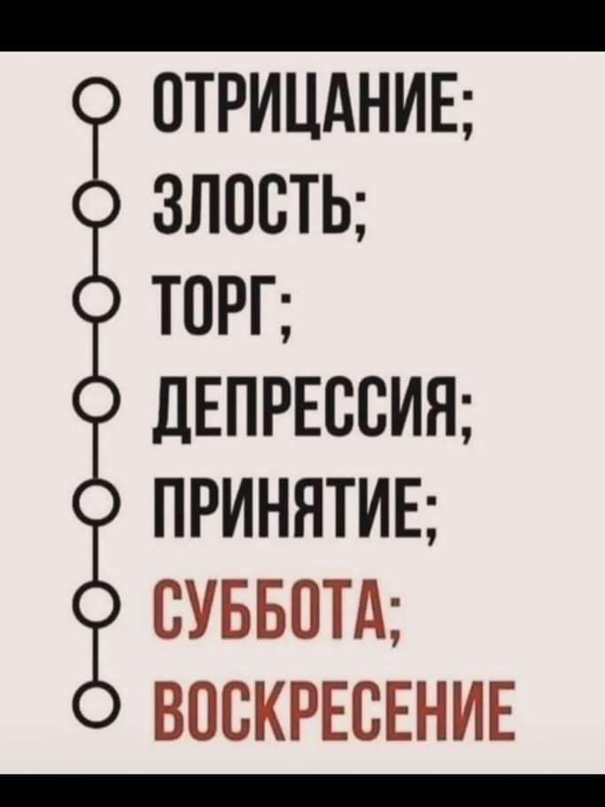 _ ОТРИЦАНИЕ злосты ТОРГ депрессия ПРИНЯТИЕ СУББОТА ВОСКРЕСЕНИЕ