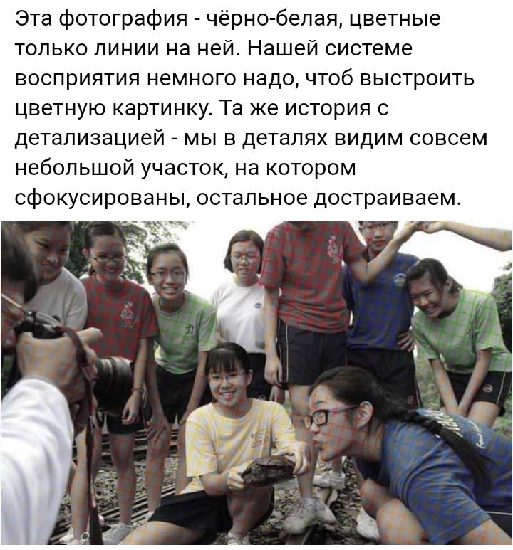 Эта фотография чёрно белая цветные только линии на ней Нашей системе восприятия немного надо чтоб выстроить цветную картинку Та же история с детализацией мы в деталях видим совсем небольшой участок на котором сфокусированы остальное достраиваем