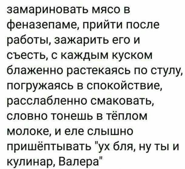 замариновать мясо в феназепаме прийти после работы зажарить его и съесть с каждым куском блаженно растекаясь по стулу погружаясь в спокойствие расслабленно смаковать словно тонешь в тёплом молоке и еле слышно пришёптывать ух бля ну ты и кулинар Валера