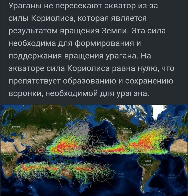 Ураганы не пересекают экватор из за силы Кориолиса которая является результатом вращения Земли Эта сила необходима для формирования и поддержания вращения урагана На экваторе сила Кориолиса равна нулю что препятствует образованию и сохранению воронки необходимой для урагана