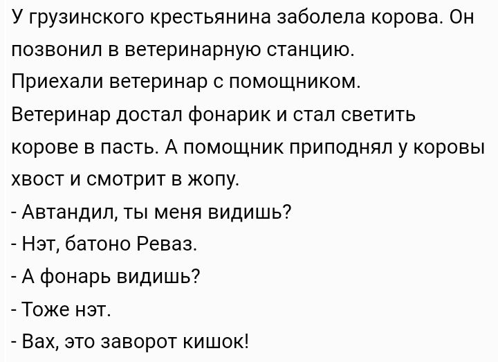 У грузинского крестьянина заболела корова Он позвонил в ветеринарную станцию Приехали ветеринар с помощником Ветеринар достал фонарик и стал светить корове в пасть А помощник приподнял у коровы хвост и смотрит в жопу Автандил ты меня видишь Нэт батоно Реваз А фонарь видишь Тоже нэт Вах это заворот кишок