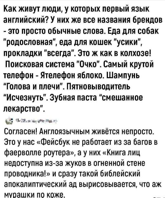 Как живут люди у которых первый язык английский У них же все названия брендов это просто обычные слова Еда для собак родословная еда для кошек усики прокладки всегда Это ж как в колхозе Поисковая система Очко Самый крутой телефон Ятелефон яблоко Шампунь Голова и плечи Пятновыводитель Исчезнуть Зубная паста смешанное лекарство 5 челн ое Согласен Анг