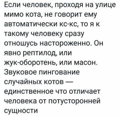 Если человек проходя на улице мимо кота не говорит ему автоматически кс кс то я к такому человеку сразу отношусь настороженно Он явно рептилод или жук оборотень или масон Звуковое пингование случайных котов единственное что отличает человека от потусторонней сущности