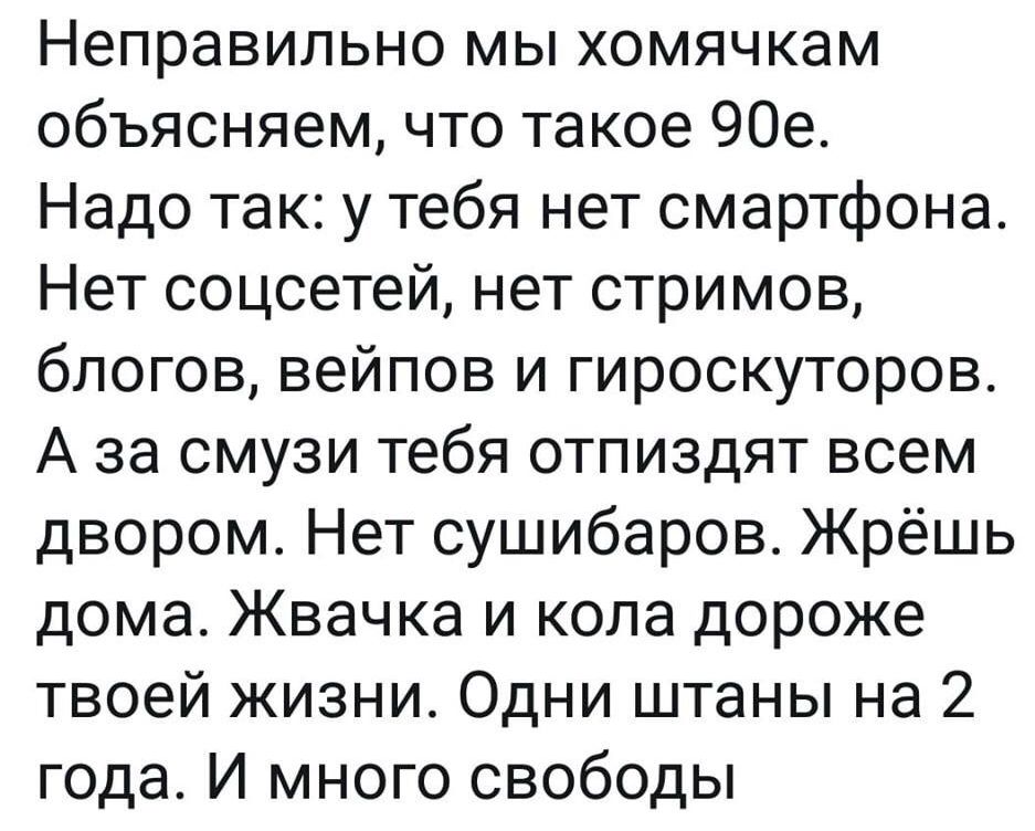 Неправильно мы хомячкам объясняем что такое 90е Надо так у тебя нет смартфона Нет соцсетей нет стримов блогов вейпов и гироскуторов А за смузи тебя отпиздят всем двором Нет сушибаров Жрёшь дома Жвачка и кола дороже твоей жизни Одни штаны на 2 года И много свободы