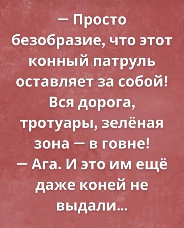 Просто безобразие что этот конный патруль оставляет за собой Вся дорога тротуары зелёная зона в говне Ага И это им ещё даже коней не выдали