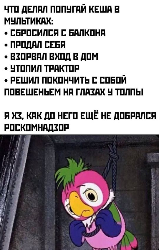 ЧТО ДЕЛАЛ ПОПУГАЙ КЕША В МУЛЬТИКАХ СБРОСИЛСЯ С БАЛКОНА ПРОДАЛ СЕБЯ ВХОРВАЛ ВХОД В ДОМ УТОПИЛ ТРАКТОР РЕШИЛ ПОКОНЧИТЬ С СОБОЙ ПОВЕШЕНЬЕМ НА ГЛАХАХ У ТОЛПЫ Я Х КЯК ДО НЕГО ЕЩЁ НЕ ДОБРАЛСЯ РОСКОМНАДФОР