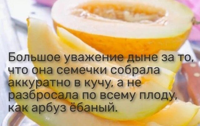 Большое уважение дыне за то, что она семечки собрала аккуратно в кучу, а не разбросала по всему плоду, как арбуз ёбаный.
