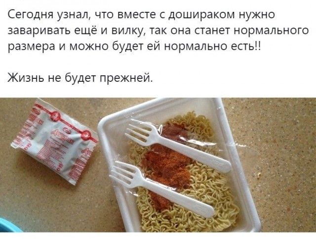 Сегодня узнал, что вместе с дошираком нужно заваривать ещё и вилку, так она станет нормального размера и можно будет ей нормально есть!! Жизнь не будет прежней.