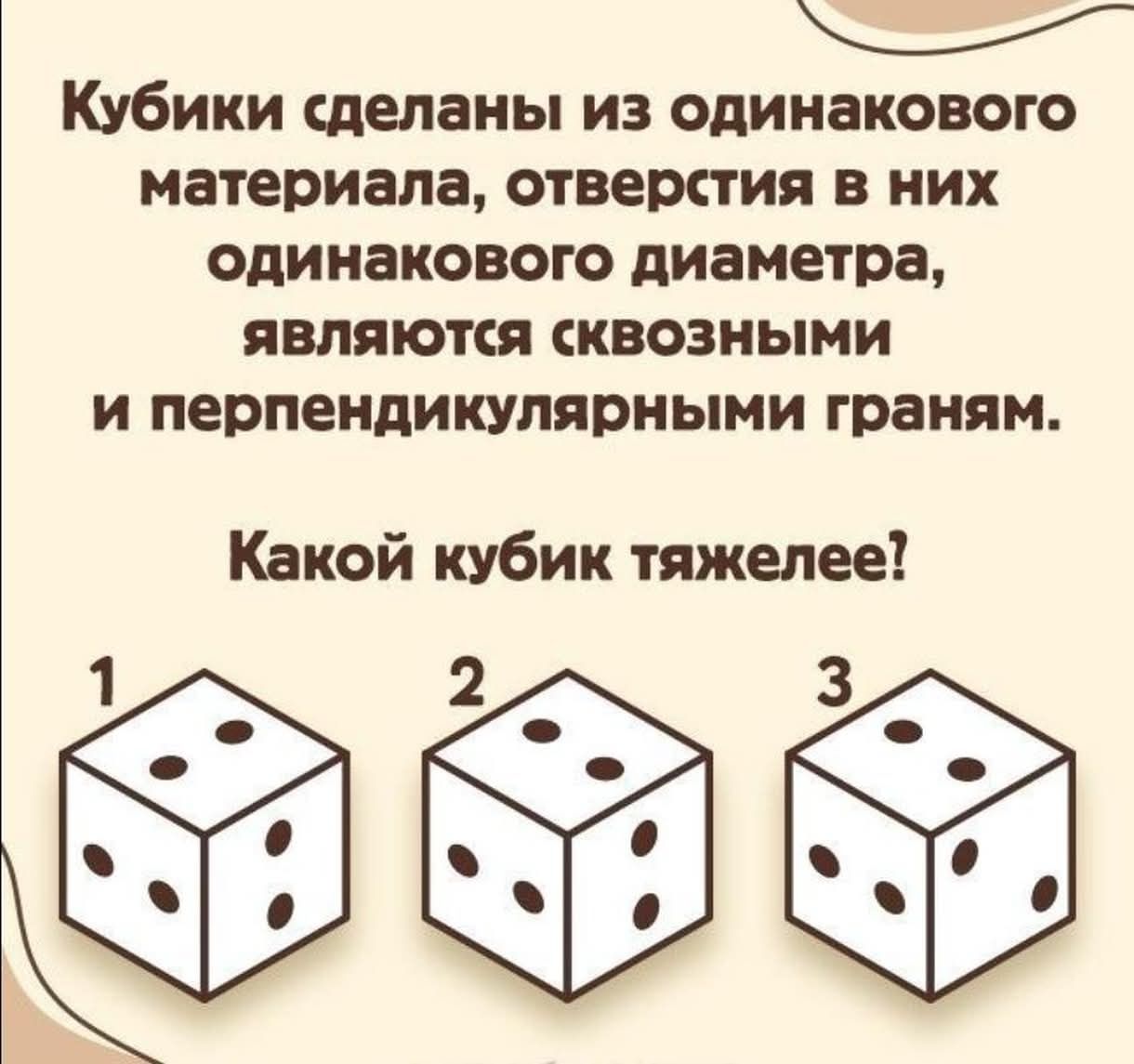 Кубики сделаны из одинакового материала, отверстия в них одинакового диаметра, являются сквозными и перпендикулярными граням. Какой кубик тяжелее?