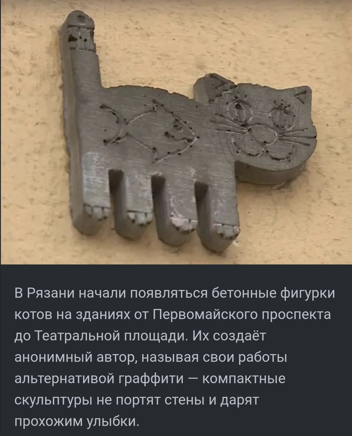 В Рязани начали появляться бетонные фигурки котов на зданиях от Первомайского проспекта до Театральной площади. Их создаёт анонимный автор, называя свои работы альтернативной граффити — компактные скульптуры не портят стены и дарят прохожим улыбки.