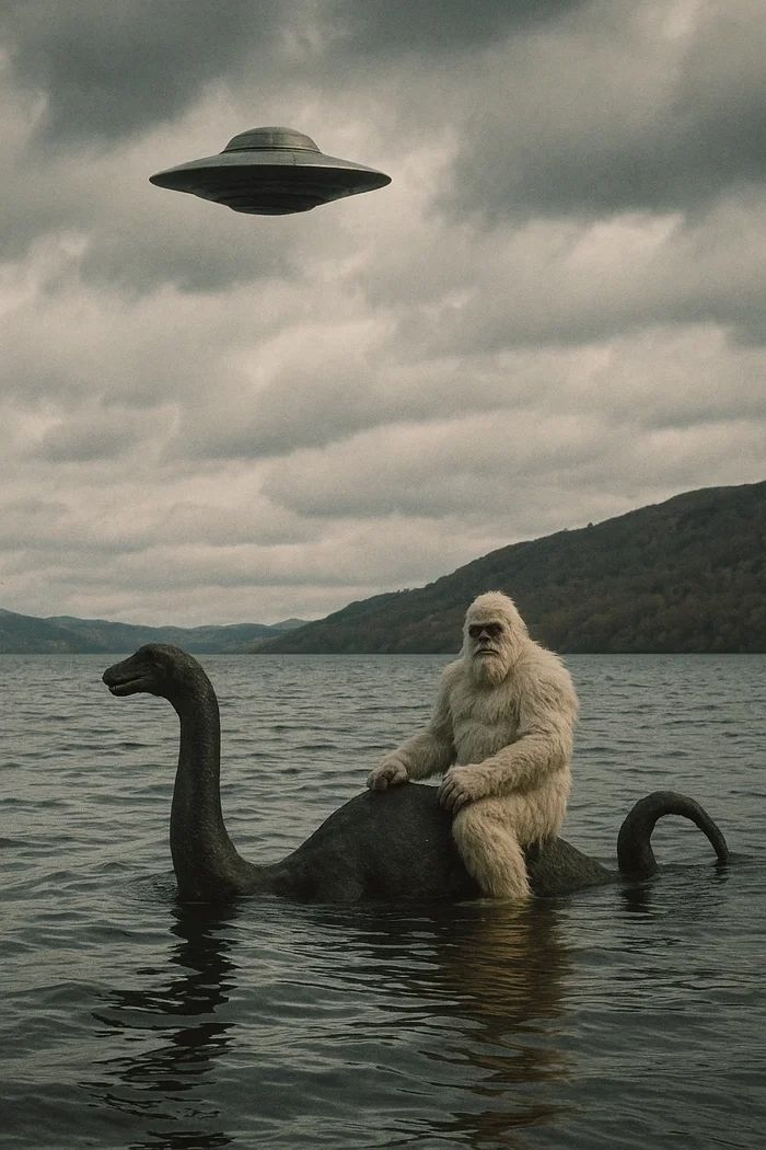 Мохнатый примат сидит верхом на динозавре-буе на воде; над ним парит НЛО.