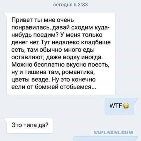 Привет ты мне очень понравилась, давай сходим куда нибудь поедим? У меня только денег нет. Тут недалеко кладбище есть, там обычно много еды оставляют, даже водку иногда. Можно бесплатно вкусно поесть, ну и тишина там, романтика, цветы везде. Ну это конечно если от бомжей отобьёмся...