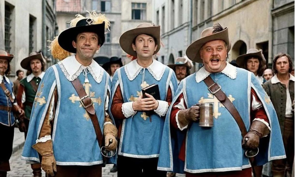 Три мушкетера в голубых плащах на улице