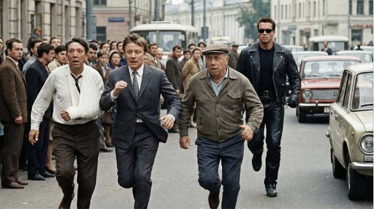 Группа людей бежит по улице, в центре кадра мужчина в костюме и пара бежавших вперёд, на фоне городская улица и старые автомобили.