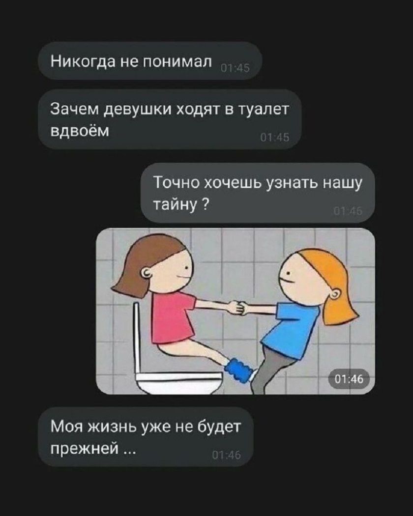 Никогда не понимал
Зачем девушки ходят в туалет вдвоём
Точно хочешь узнать нашу тайну ?
Моя жизнь уже не будет прежней ...