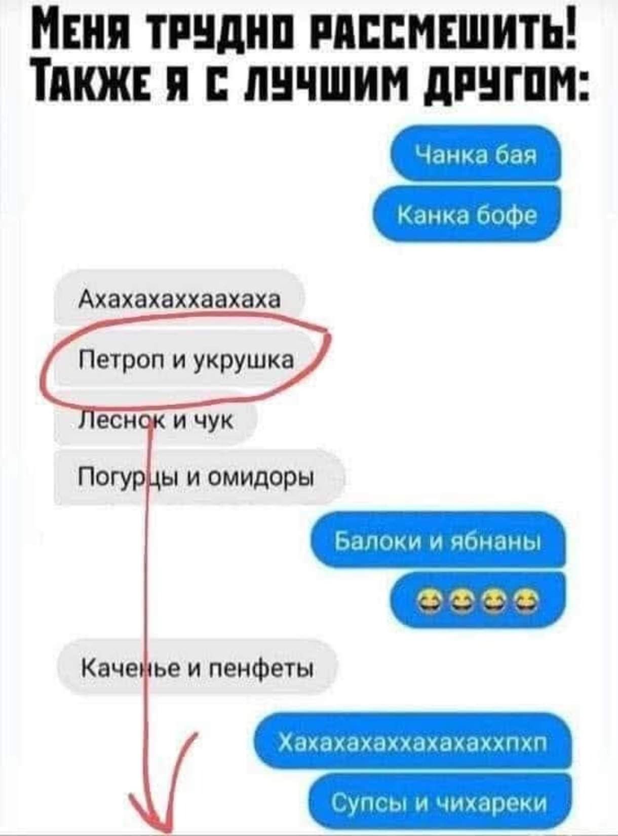 Меня трудно рассмешить! Также я с лучшим другом:

Чанка баю
Канка бофе

Ахахаххаааахаха
Петроп и укрушка
Леснок и чук
Погуры и омидоры

Балоки и ябаны
😂😂😂😂
Хахахахахахаххпп
Супсы и чихарекy