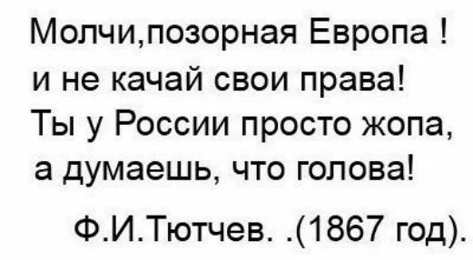 Молчипозорная Европа и не качай свои права Ты у России просто жопа а думаешь что голова ФИТютчев 1867 год