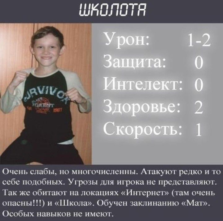 Очень слабы но многочисленны Атакуют редко и то себе подобных Угрозы для игрока не представляют Так же обитают на локациях Интернет там очень опасны и Школа обучен заклинанию Мат Особых навыков не имеют